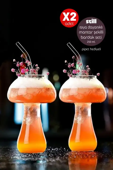 2li Pipetli Mantar Model Kokteyl Cam Bardak Berrak Borosilikat Soğuk Sıcak Kahve Sunum Bardağı Set