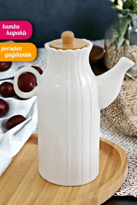 Kittle Porselen Yağdanlık Vakumlu Bambu Kapak Beyaz Renk Zeytinyağı Yağlık Sosluk Sirkelik 1000 ml