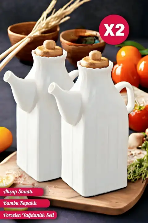 2li Ahşap Stantlı Porselen Yağdanlık Vakumlu Bambu Kapaklı Beyaz Zeytinyağı Yağlık Sosluk Sirkelik
