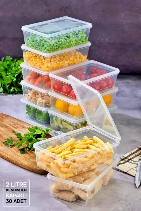 30lu Buzdolabı Organizer Kendinden Kapaklı Mikrodalga Difrize Uygun 2000ml Dikdörtgen Saklama Kabı