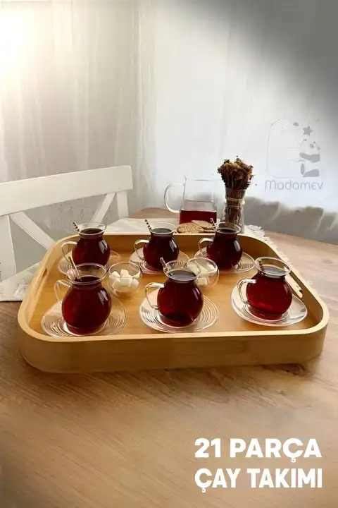 21 Parça Bambu Tepsili Keyfi Ala Çay Takımı Cam Tabak, Lokumluk, Kaşık, Kulplu Çay Fincanı Bardağı