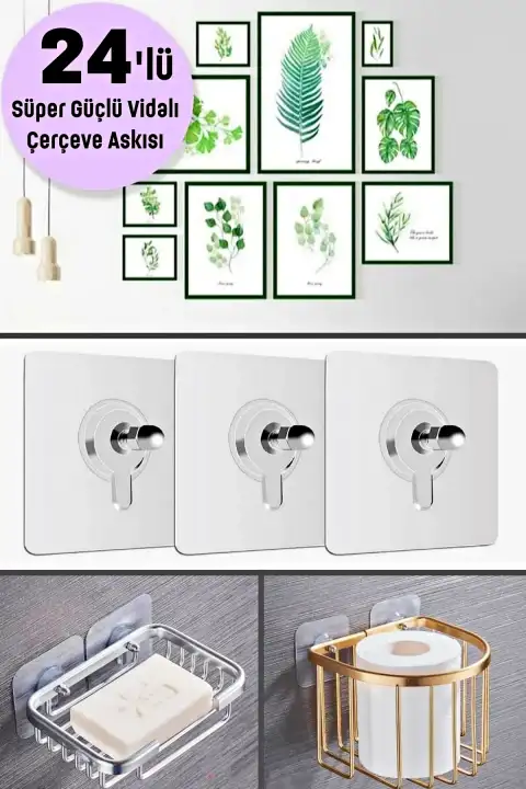24lü Süper Güçlü Yapışkanlı Tablo Resim Çerçeve Duvar Askısı Pin Delgisiz Vidalı Tırnak Raf Tutucu