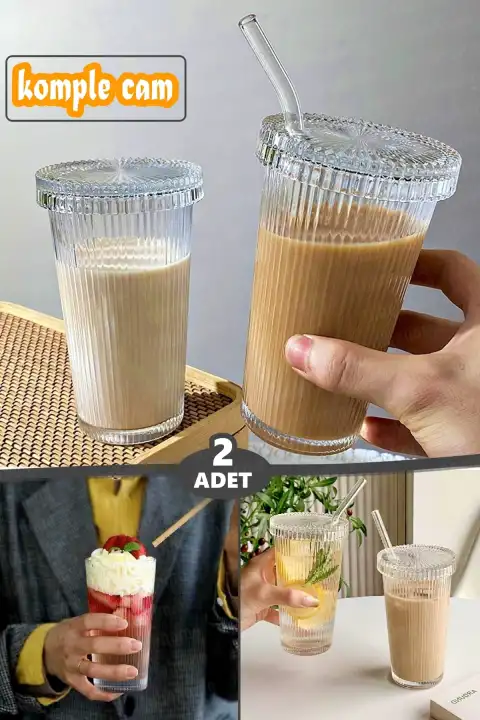 2li 600 ml Origami Stil Kapaklı Pipetli Cam Bardak Soğuk Sıcak Kahve Meşrubat Çizgili Sunum Bardağı