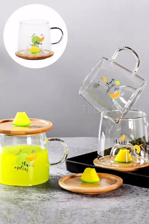 Bambu Kapaklı Kavun Meyve Figürlü Cam Bardak Baskılı Meşrubat Kupası Termisil Çay Bardağı 280 ml.