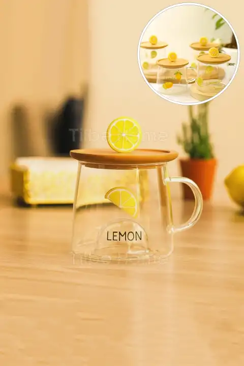 Bambu Kapaklı Limon Meyve Figürlü Cam Bardak Baskılı Meşrubat Kupası Termisil Çay Bardağı 280 ml.