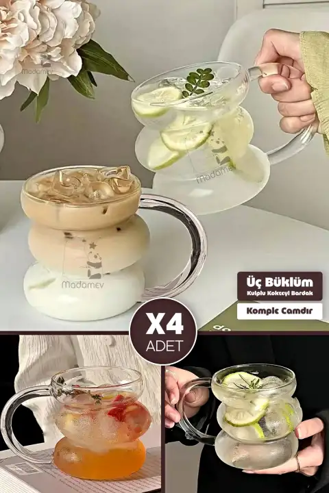 4lü Üç Büklüm Koreo Kulplu Dev Şerit Cam Bardak Pipetli Meşrubat Kahve Sunum Kokteyl Bardağı 400ml