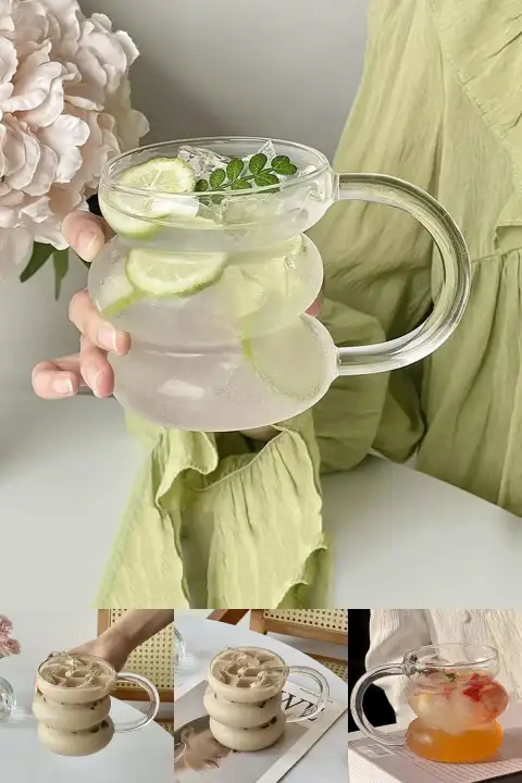 Büklüm Dev Şeritli Kulplu Cam Bardak Pipetli Meşrubat Kahve Sunum Kokteyl Bardağı 400ml Seti