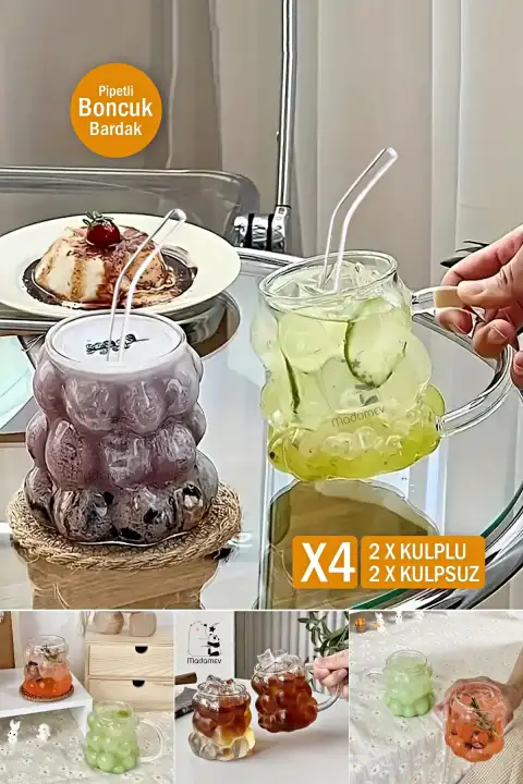 4lü Üzüm Tanesi Boncuklu Pipetli Cam Bardak 350ml Kulplu Kulpsuz Meşrubat Su Kahve Sunum Bardağı