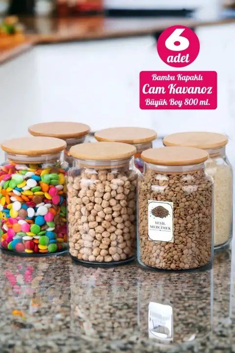 6 Adet Vakumlu Bambu Kapaklı Cam Kavanoz Borosilikat Cam Vakumlu Baharatlık Saklama Kabı Organizer