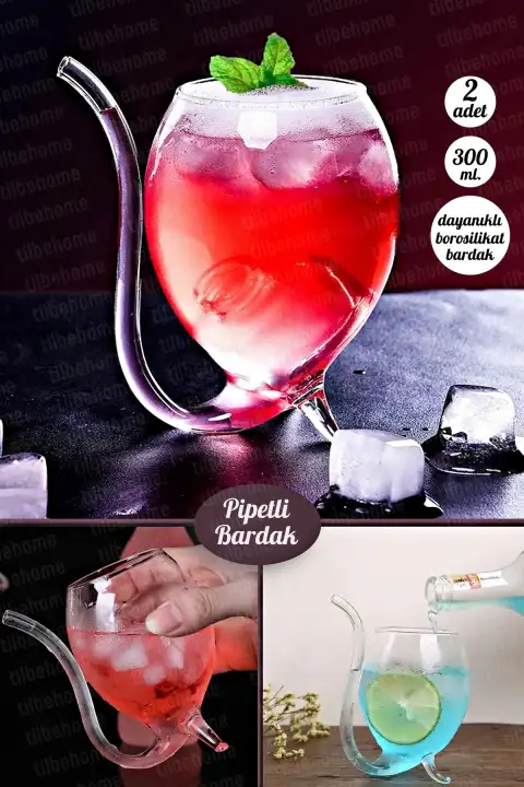2li Retro Pipetli Stil Bardak Flüt Dekor Soğuk Sıcak Meşrubat Kokteyl Bardağı Dayanıklı Cam Bardak