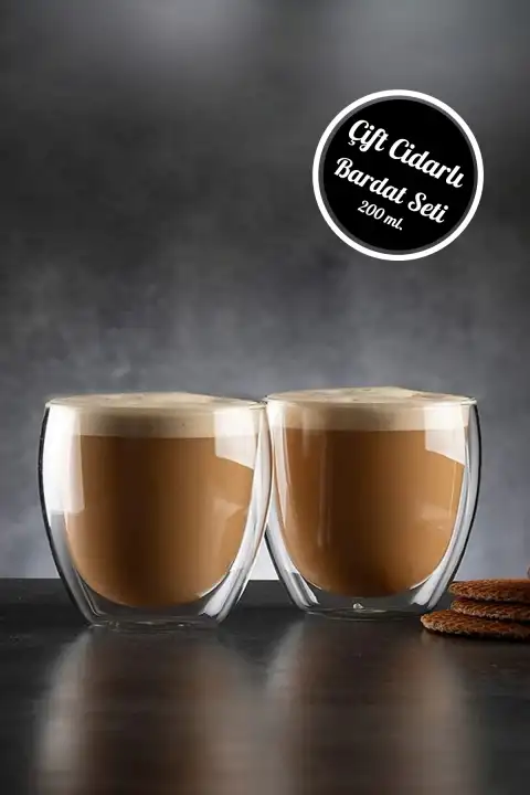2li Çift Cidarlı Bardak 200 ml Ev Ofis Çay Fincanı Kahve Sunum Bardağı Dayanıklı Kupa Cam Bardak