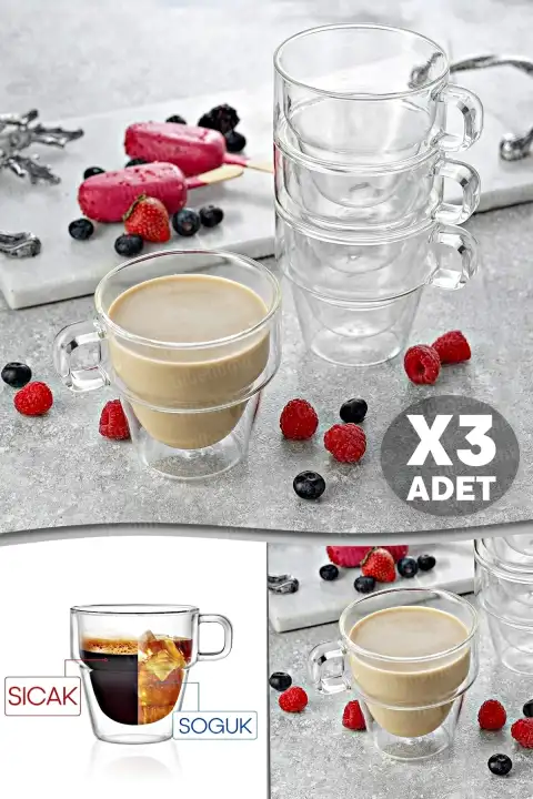 3lü Çift Cidarlı Bardak 2 Kat Still Kahve Çay Fincanı Süt Kahve Isıya Dayanıklı Kulplu Su Bardağı