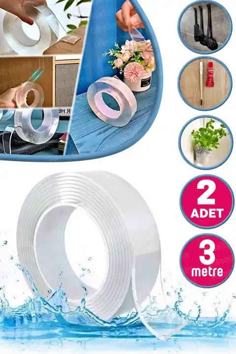 2li Çift Taraflı Bant Çıkarılabilir Süper Güçlü Bant Şeffaf Nano Yapışkanlı Duvar Bandı 3m-2mm Seti
