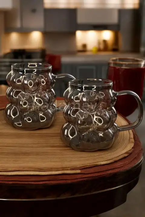 Füme Kulplu Üzüm Tanesi Boncuk Şekilli Cam Bardak 350ml Isıya Dayanıklı Kahve Sunum Bardağı