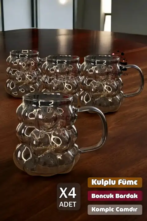 4lü Füme Kulplu Üzüm Tanesi Boncuk Şekilli Cam Bardak 350ml Isıya Dayanıklı Kahve Sunum Bardağı