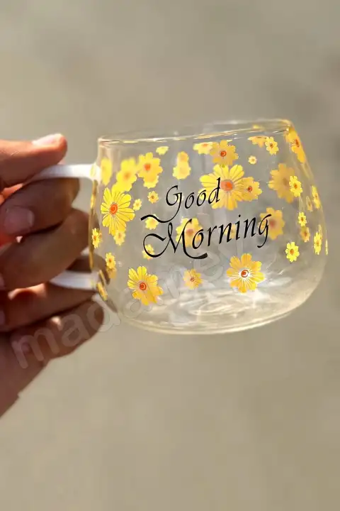 Good Morning Çiçekli Kupa Cam Bardak Isıya Dayanıklı Kulplu Kahve Sunum Kahvaltı Süt Bardağı