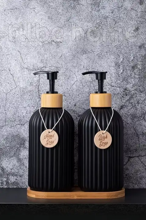 2’li Hands Dishes Siyah Dekoratif Mutfak Banyo Sıvı Cam Sabunluk Seti 500ml Bambu Stantlı Set