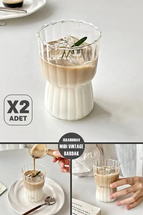 2li İskandinav Midi Vintage Burgulu Tarz Bardak Kahve Sunum Isıya Dayanıklı Cam Bardağı 380 ml.