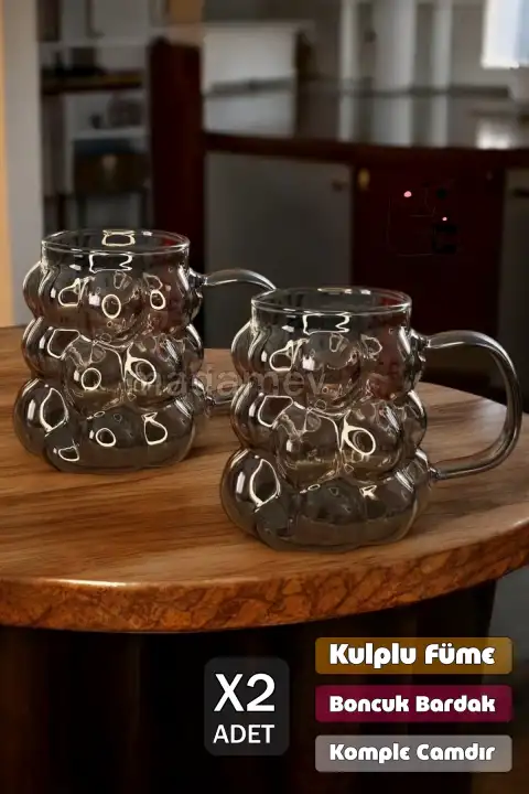 2li Füme Kulplu Üzüm Tanesi Boncuk Şekilli Cam Bardak 350ml Isıya Dayanıklı Kahve Sunum Bardağı