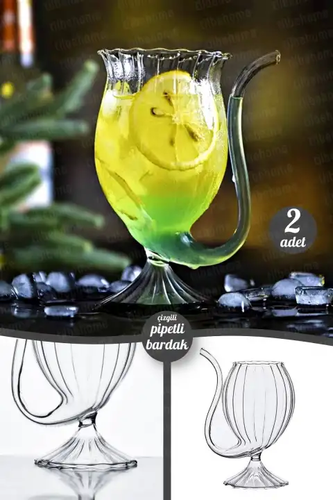 2li Pipetli Çizgili Bardak Flüt Dekor Soğuk Sıcak Meşrubat Kokteyl Bardağı Dayanıklı Cam Bardak