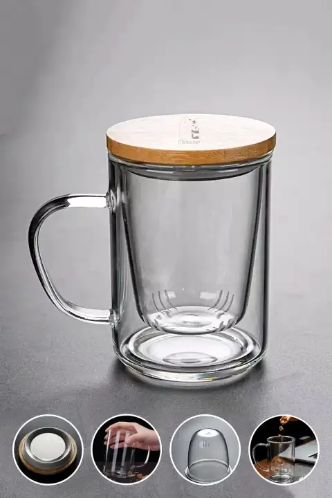 Borosilikat Cam Süzgeçli Bambu Kapaklı Kupa Kulplu Demlik Modeli Çift Kat Bitki Çay Bardağı 400 ml.