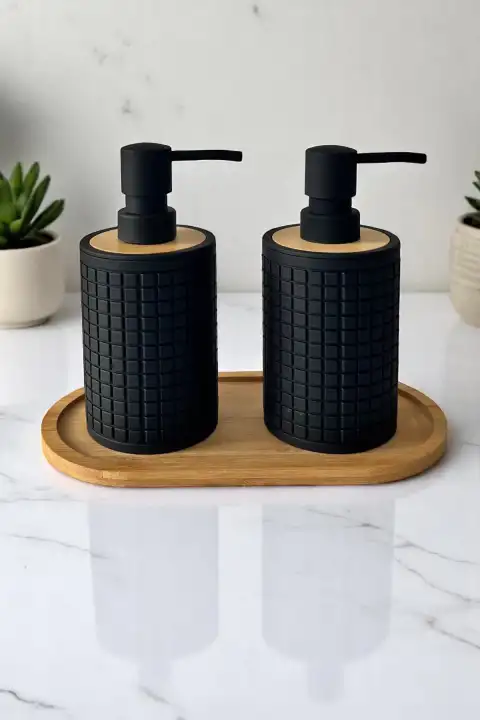 2li Retro Still Sıvı Sabunluk Seti 500ml Mutfak Siyah Hands Dishes Kare Figürlü Bambu Stantlı Set