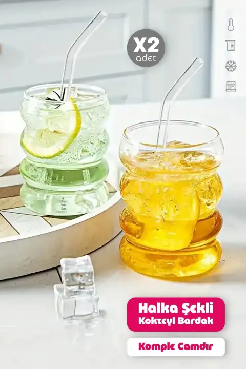 2li Halka Şekli Pipetli Kokteyl Cam Bardak Seti İskandinav Tarz Kahve Latte Sunum Bardağı 340 ml.