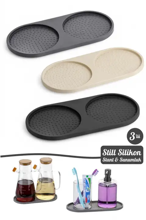 3 Adet Silikon Kaymaz Yağdanlık Altlığı Sabunluk Standı Sunum Tepsi 2 Bölmeli Çerezlik Stant Seti