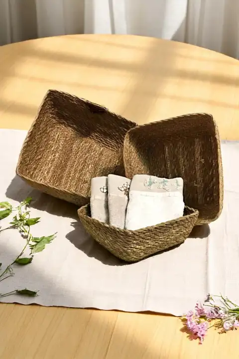 3 Boy Naturel Hasır Sepet Organizer Banyo Mutfak Ev Dekoru Doğal Örme Dekoratif Sepet