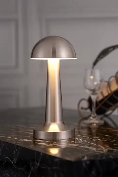 Mantar Model Retro Masa Lambası Mat Gümüş Dimmerli Şarjlı Dekoratif Masaüstü Dekoratif Mantar Lamba