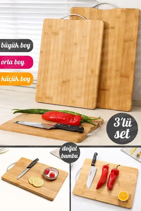 3lü Bambu Kesim Panosu Lüx Üç Boy Çelik Saplı Peynir Servis Sunum Tepsi Et Sebze Doğrama Tahtası