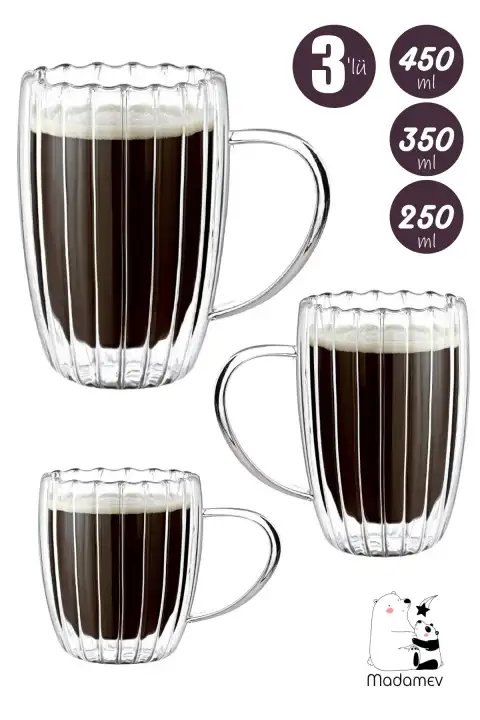 3lü Çift Cidarlı Kulplu Isıya Dayanıklı Cam Bardağı Seti Burgulu 450 + 350 + 250 ml. Bardak Seti