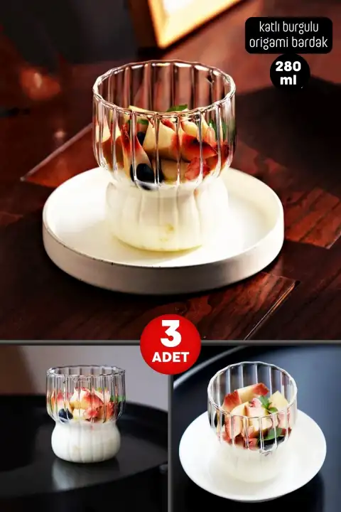 3lü Katlı Şeritli Burgu Bardak Kahve Sunum Kokteyl Meşrubat Bardağı Origami Borosilikat Cam Bardak