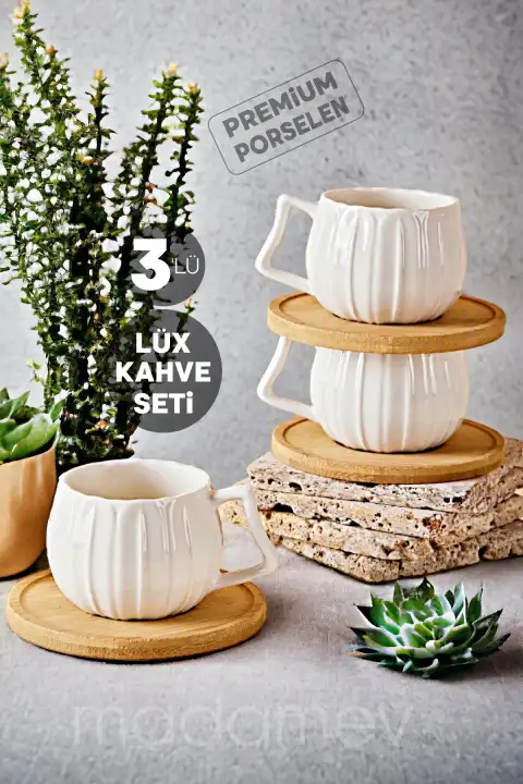 3lü Lüx Bambu Tabaklı Porselen Kahve Fincan Takımı Premium Porselen Türk Kahvesi Servis Sunum Seti