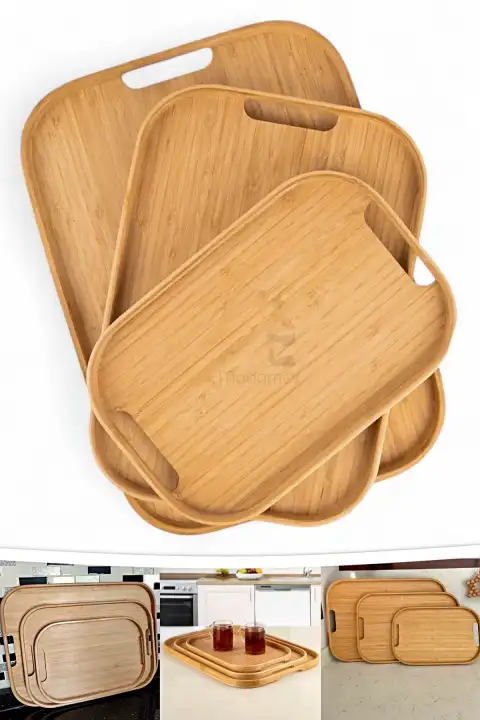 3lü Lüx İskandinav Bambu Tepsi Seti Çay Tepsisi, Sunum Tepsisi, Kahve Sunum Tepsisi Oval Köşe Tepsi