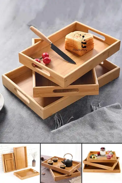 3lü Lüx Bambu Tepsi Seti Çay Tepsisi, Sunum Tepsisi, Kahve Sunum Tepsisi Kare Köşe Yemek Tepsi