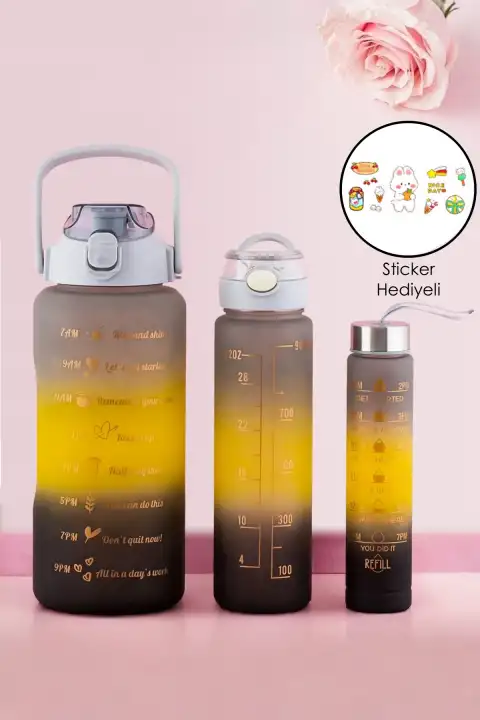 3lü Motivasyonel Su Matarası Sporcu Su Şişesi Stickerlı Sızdırmaz Taşınabilir Suluk Seti