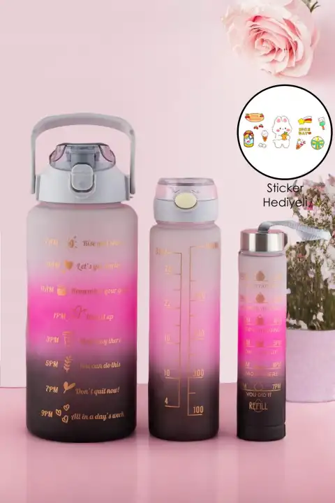 3lü Motivasyonel Su Matarası Kokusuz Figürlü Suluk Matara Pipetli Still Renkli Su Şişesi Seti