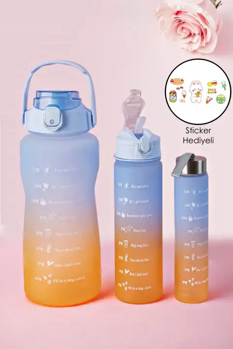 3lü Motivasyon Kokusuz Stickerlı Spor Suluk Matara Pipetli Taşınabilir Su Şişesi Siyah Renkli Set