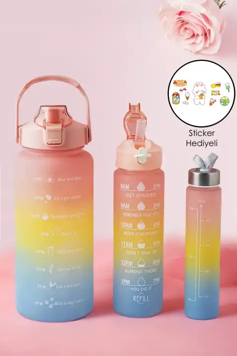 3lü Motivasyon Kokusuz Stickerlı Spor Suluk Matara Pipetli Taşınabilir Still Renkli Su Şişesi Seti