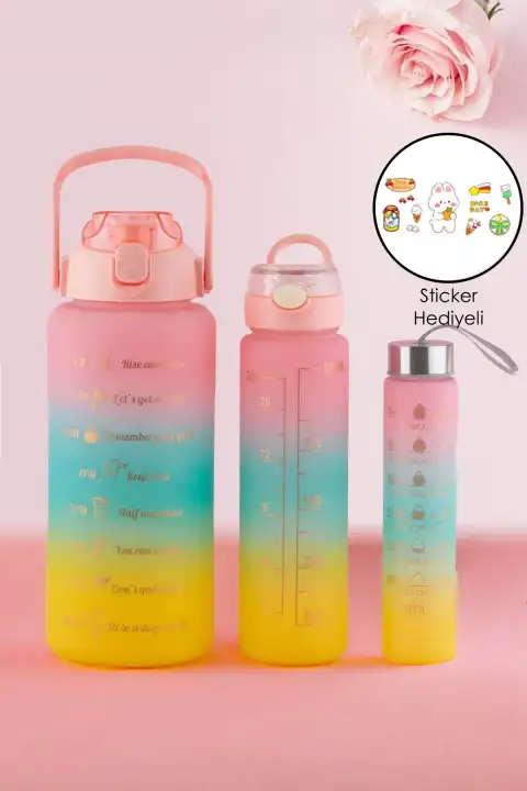 3lü Motivasyon Su Matara Suluk Colorful Stickerlı Sporcu Taşınabilir Sızdırmaz Su Şişesi Matara Set