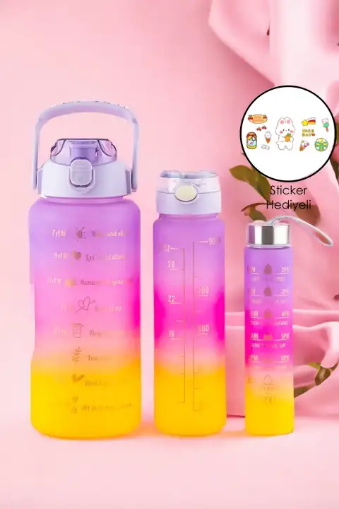 3lü Motivasyonel Su Matarası Morötesi Stickerlı Pipetli Taşınabilir Sızdırmaz Su Şişesi Matarası