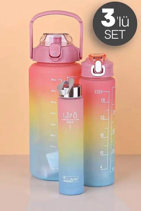 3lü Kulplu Su Matarası Rengarenk Figürlü Pipetli Su Şişesi Taşınabilir Seyahat Suluk ve Matara