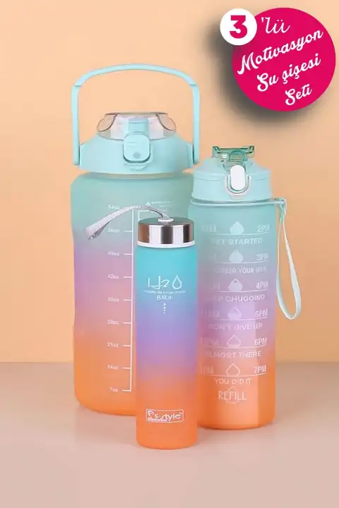 3lü Motivasyon Su Matarası Rengarenk Figürlü Pipetli Su Şişesi Taşınabilir Seyahat Suluk ve Matara