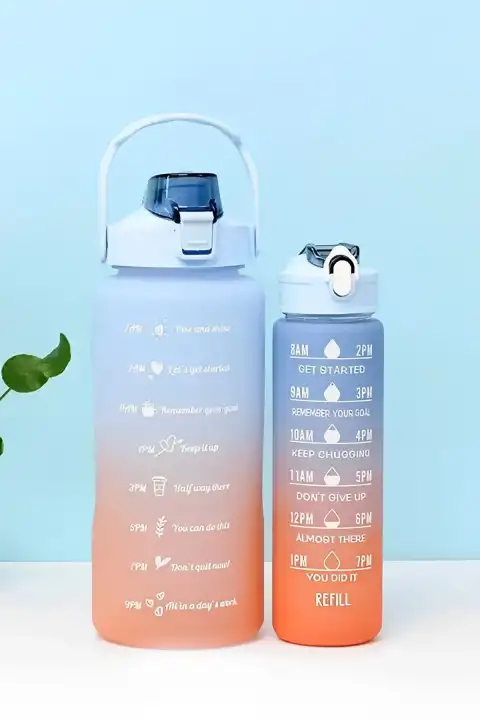 2li Motivasyon Su Matarası 2lt + 900ml Rengarenk Figürlü Pipetli Su Şişesi Taşınabilir Kulplu Suluk