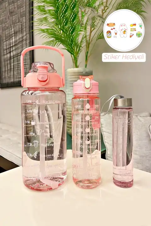 3lü Şeffaf Motivasyonel Su Matarası Sporcu Su Şişesi Stickerlı Soft Pink Taşınabilir Suluk Seti
