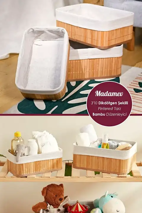 Pinterest Stil 3lü Bambu Kare Sepet Dekoratif Ev Düzenleyici Organizer Çok Amaçlı Bambu Hasır Sepet