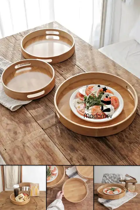 3lü Lüx Bambu Tepsi Seti Çay Tepsisi, Sunum Tepsisi, Kahve Sunum Tepsisi Yuvarlak Kulp Yemek Tepsi