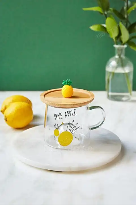 Bambu Kapaklı Ananas Meyve Figürlü Cam Bardak Baskılı Meşrubat Kupası Termisil Çay Bardağı 280 ml.