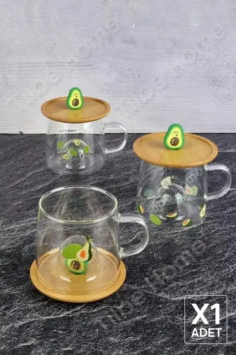 Bambu Kapaklı Avakado Meyve Figürlü Cam Bardak Baskılı Meşrubat Kupası Termisil Çay Bardağı 280 ml.